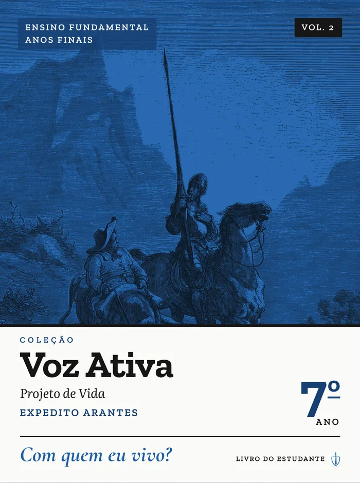 Capa do livro do 7º ano, azul com Dom Quixote na gravura de Doré.