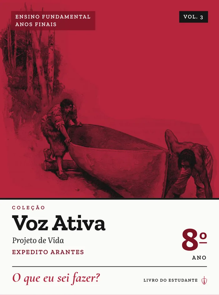 Capa do livro do 8º ano, vermelha com uma gravura de Robinson Crusoé.