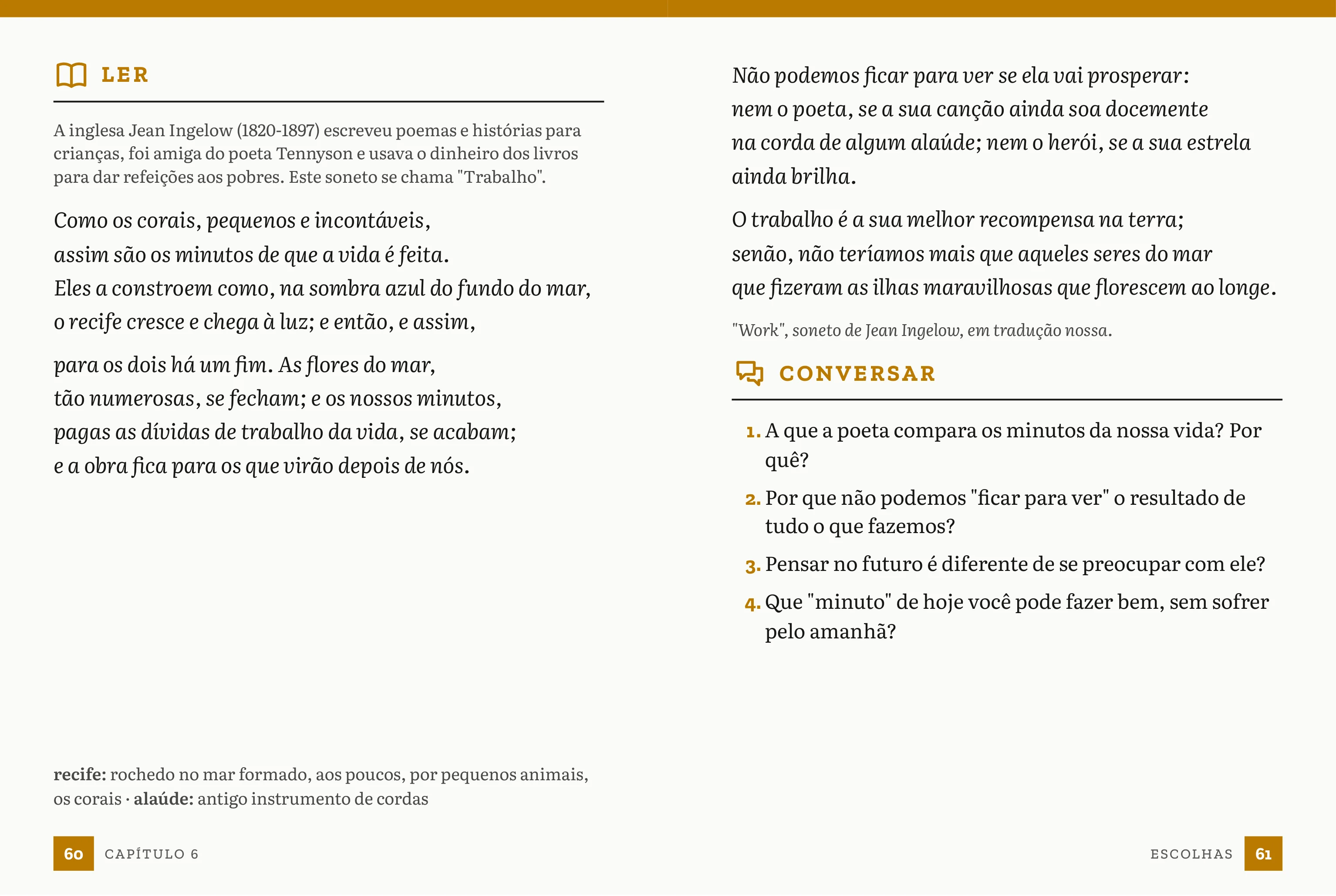 Páginas de leitura com o soneto Como os corais, de Jean Ingelow, e as perguntas do Conversar.