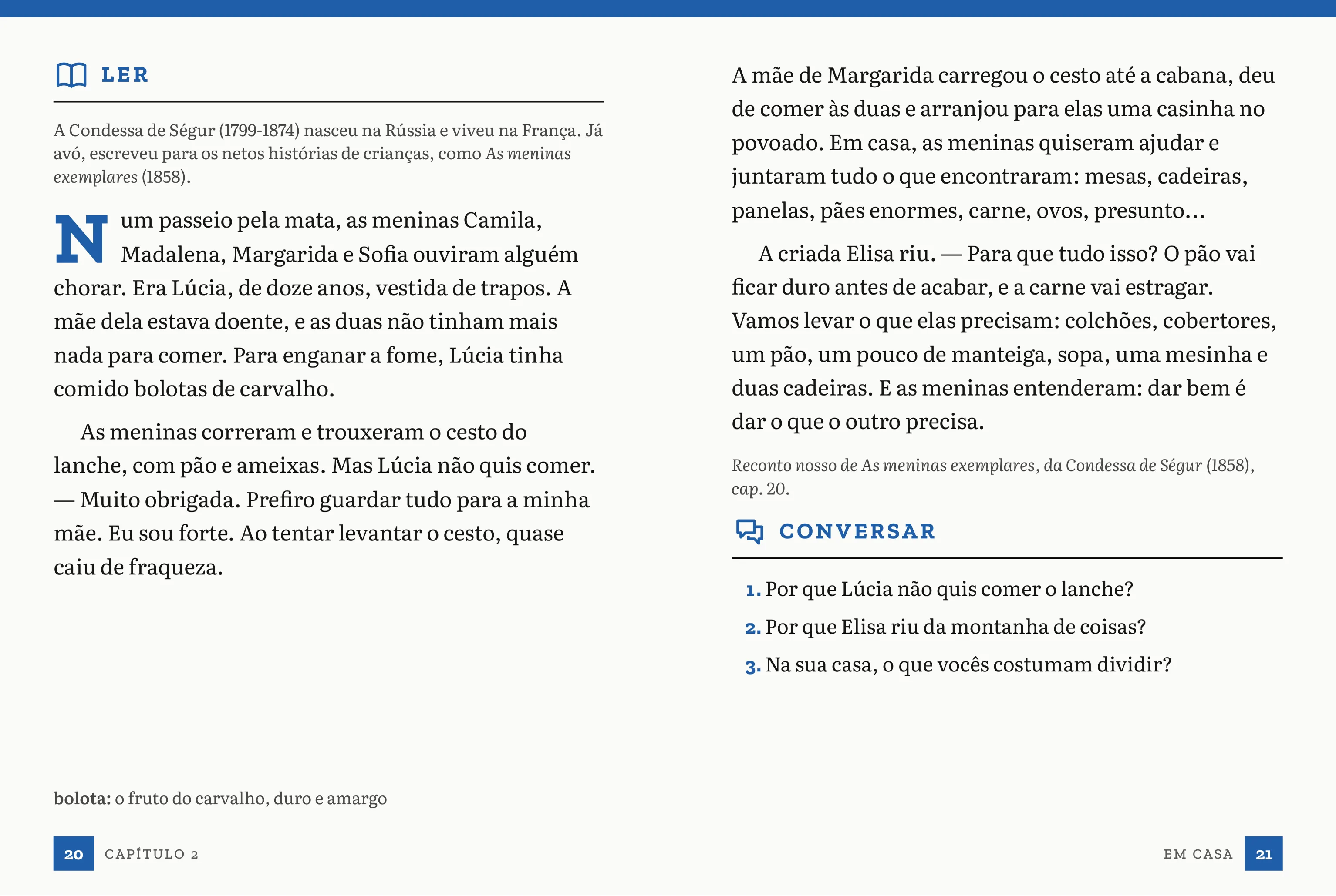 Páginas de leitura do capítulo O cesto de Lúcia, da Condessa de Ségur, com as perguntas do Conversar.